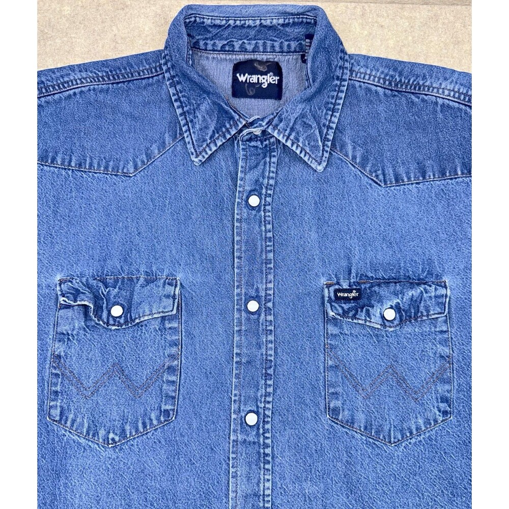 Vintage Wrangler Men’s 2XT Blue Denim Pearl Snap Short Sleeve Shirt Thick